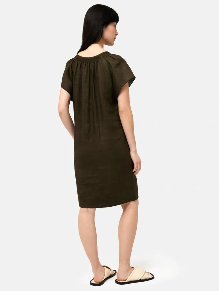 Jigsaw Linen Smocked Tshirt Dress Dark Green Women Dresses and Jumpsuits