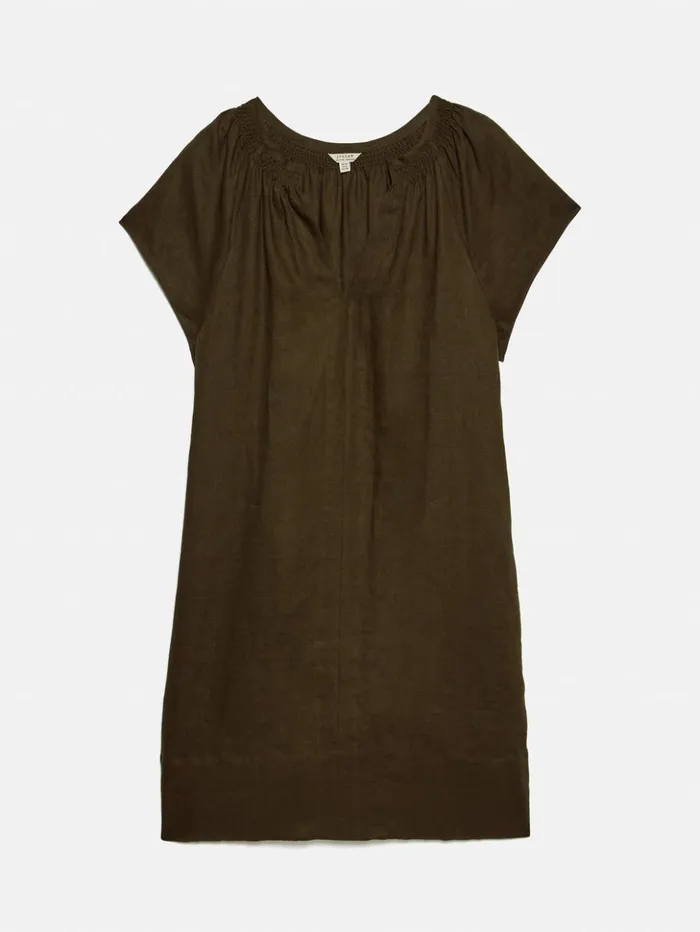 Jigsaw Linen Smocked Tshirt Dress Dark Green Women Dresses and Jumpsuits