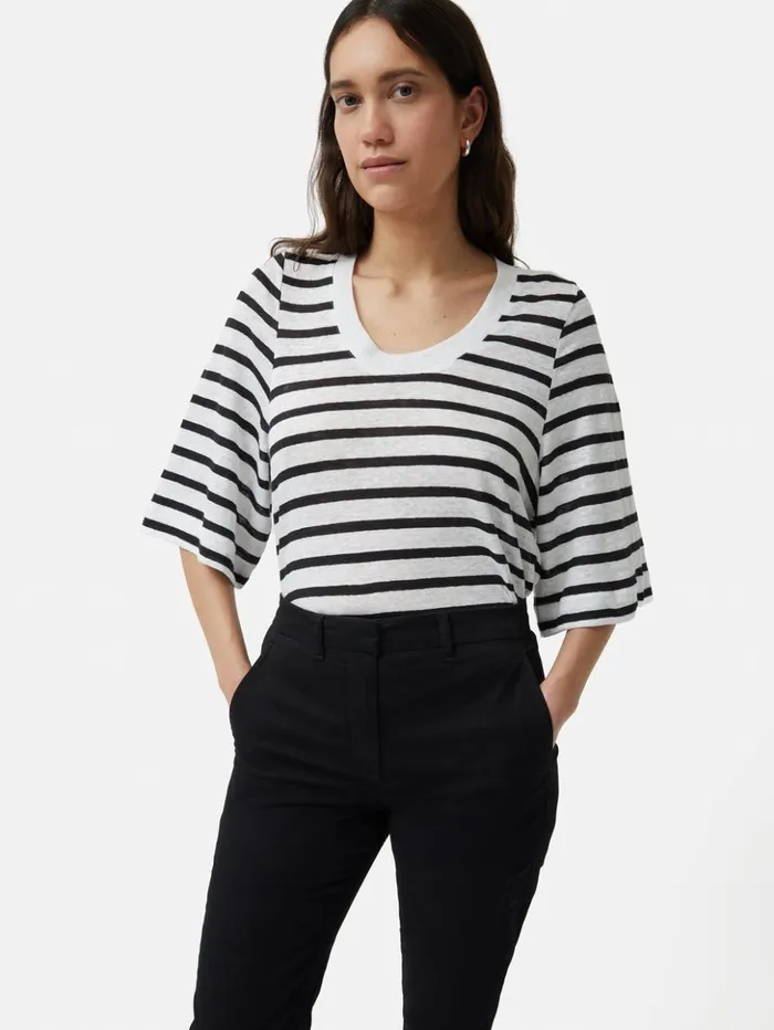 Jigsaw Linen Stripe Short Sleeve Tee Navy Women Shirts and Tops