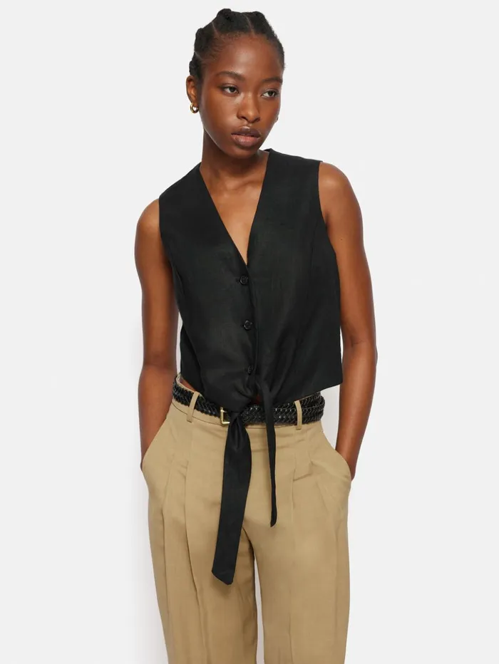 Jigsaw Linen Tie Front Waistcoat Black Women Shirts and Tops