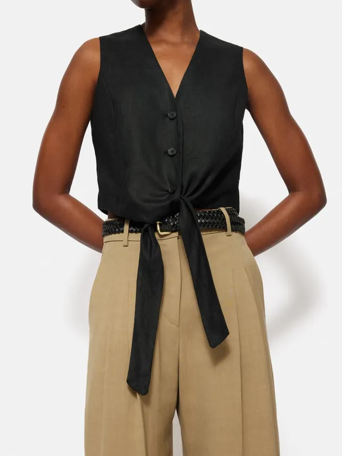 Jigsaw Linen Tie Front Waistcoat Black Women Shirts and Tops