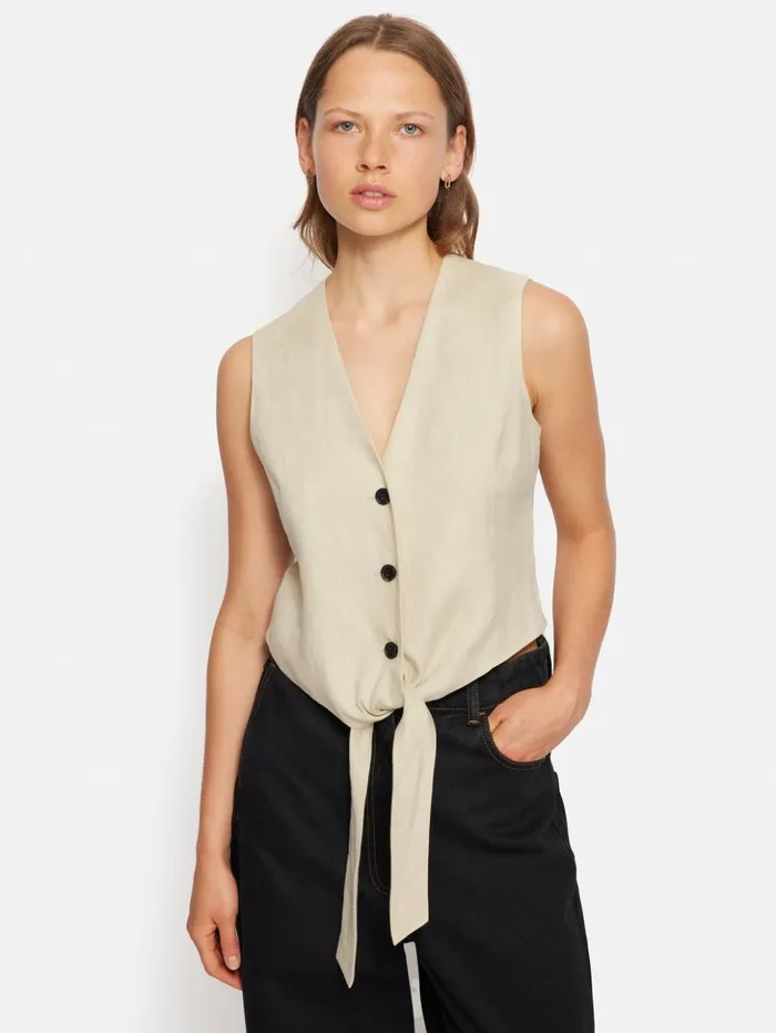 Jigsaw Linen Tie Front Waistcoat Cream Women Shirts and Tops