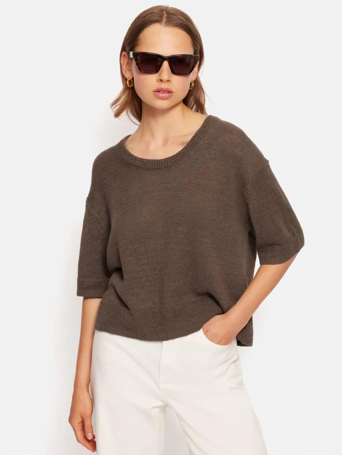 Jigsaw Linen U Neck Knitted TShirt Brown Women Shirts and Tops