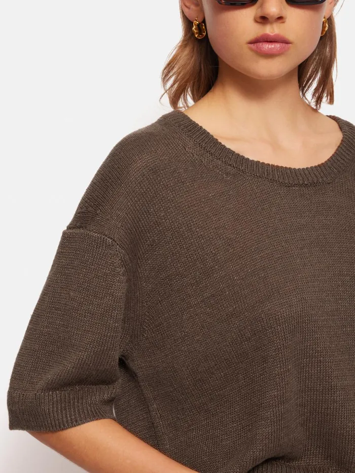 Jigsaw Linen U Neck Knitted TShirt Brown Women Shirts and Tops