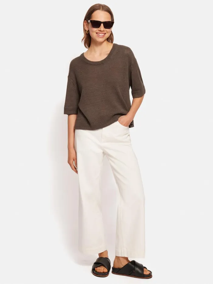 Jigsaw Linen U Neck Knitted TShirt Brown Women Shirts and Tops