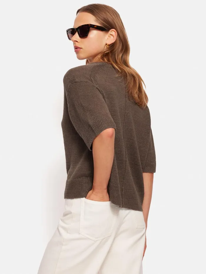 Jigsaw Linen U Neck Knitted TShirt Brown Women Shirts and Tops