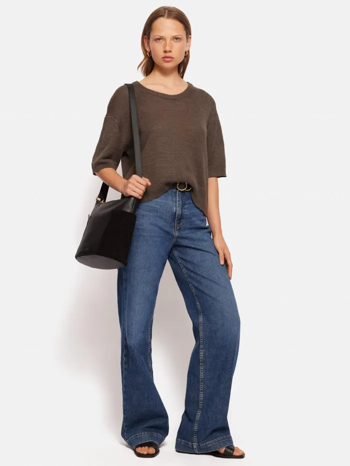 Jigsaw Linen U Neck Knitted TShirt Brown Women Shirts and Tops
