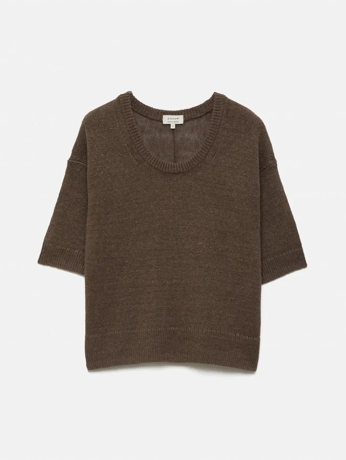 Jigsaw Linen U Neck Knitted TShirt Brown Women Shirts and Tops