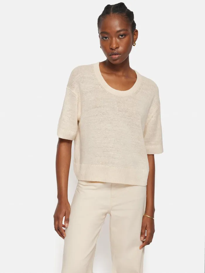 Jigsaw Linen U Neck T Shirt Ivory Women Knitwear and Cashmere