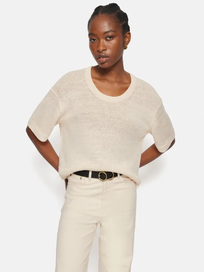 Jigsaw Linen U Neck T Shirt Ivory Women Shirts and Tops