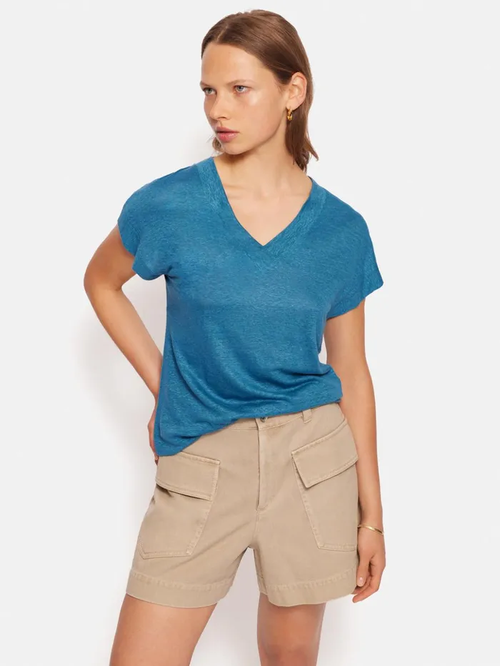Jigsaw Linen V Neck Tee Blue Women Shirts and Tops
