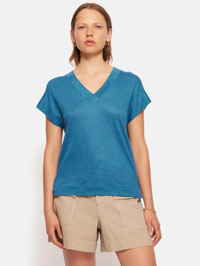 Jigsaw Linen V Neck Tee Blue Women Shirts and Tops
