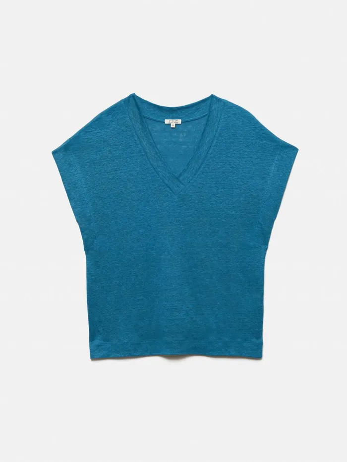 Jigsaw Linen V Neck Tee Blue Women Shirts and Tops