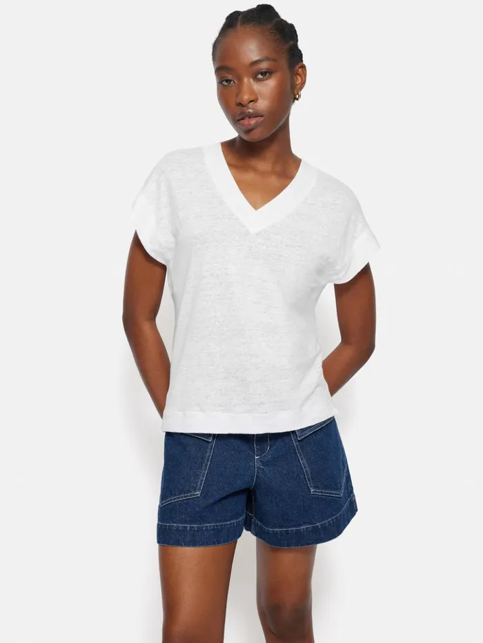 Jigsaw Linen V Neck Tee White Women Shirts and Tops