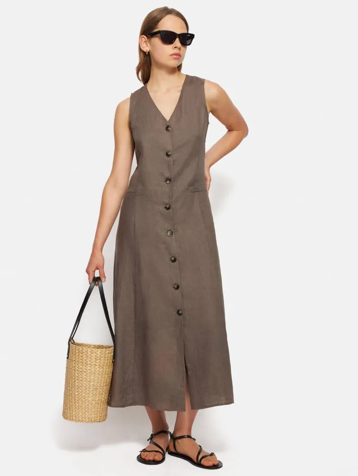 Jigsaw Linen Waistcoat Dress Brown Women Dresses and Jumpsuits