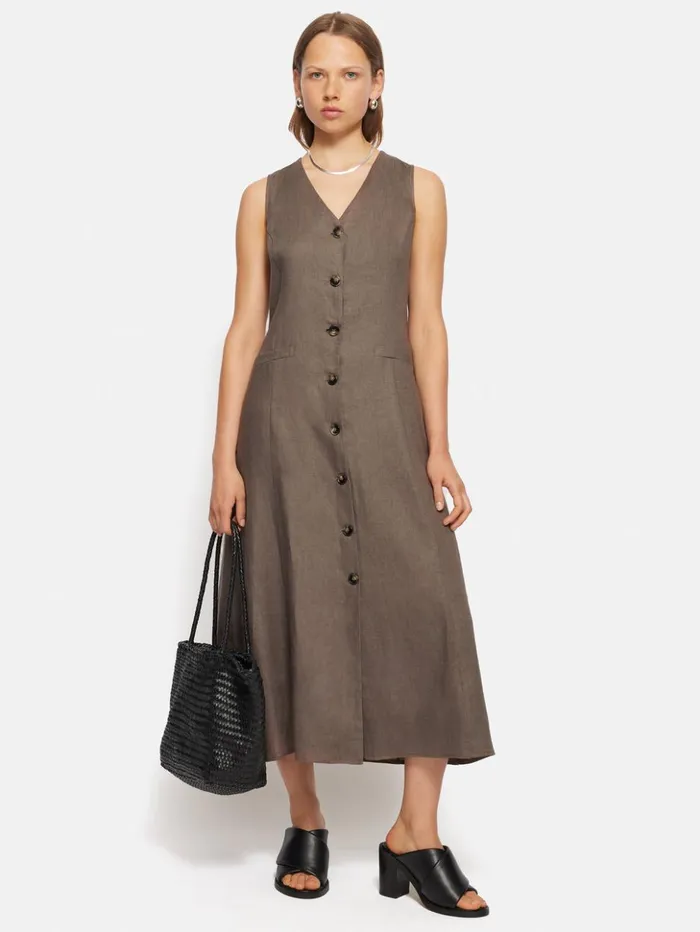 Jigsaw Linen Waistcoat Dress Brown Women Dresses and Jumpsuits