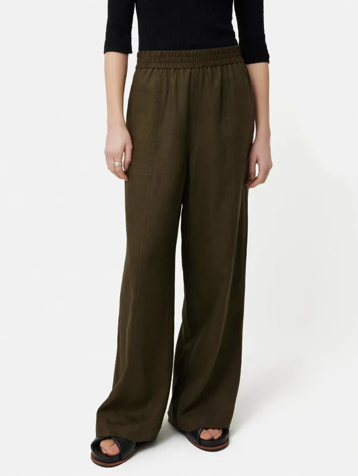 Jigsaw Linen Wide Leg Trouser Dark Green Women Trousers