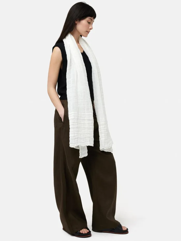 Jigsaw Linen Woven Scarf White Women Ponchos and Scarves