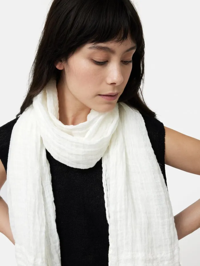 Jigsaw Linen Woven Scarf White Women Ponchos and Scarves