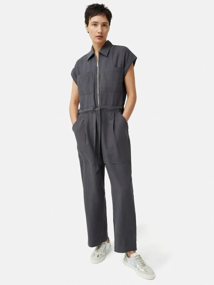 Jigsaw Linen Zip Front Jumpsuit Dark Grey Women Dresses and Jumpsuits