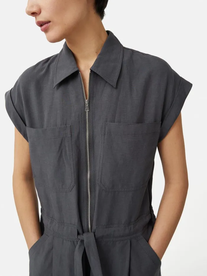 Jigsaw Linen Zip Front Jumpsuit Dark Grey Women Dresses and Jumpsuits