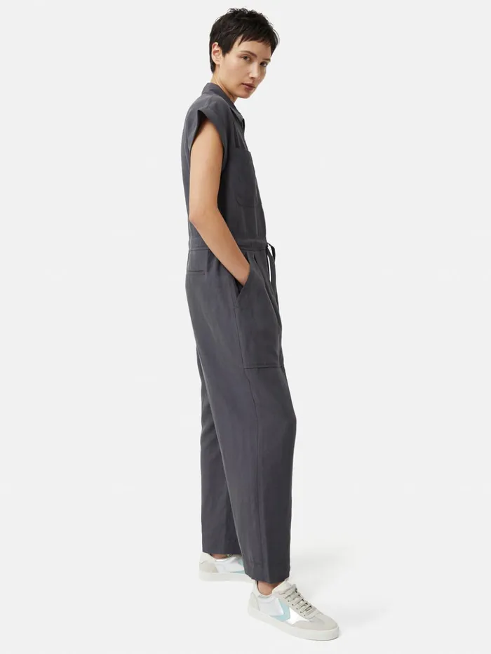 Jigsaw Linen Zip Front Jumpsuit Dark Grey Women Dresses and Jumpsuits