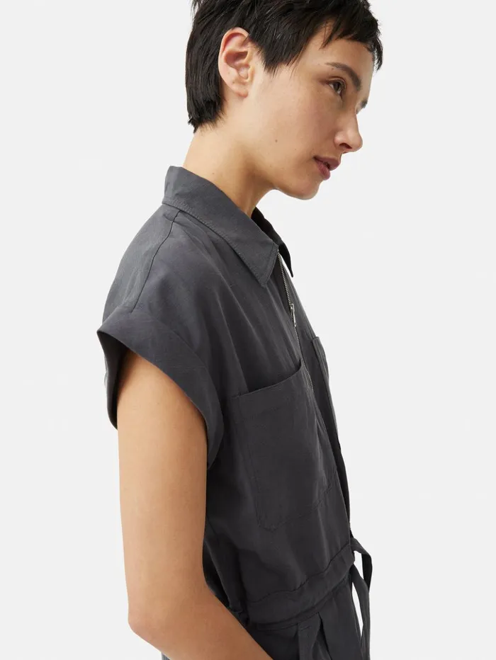 Jigsaw Linen Zip Front Jumpsuit Dark Grey Women Dresses and Jumpsuits