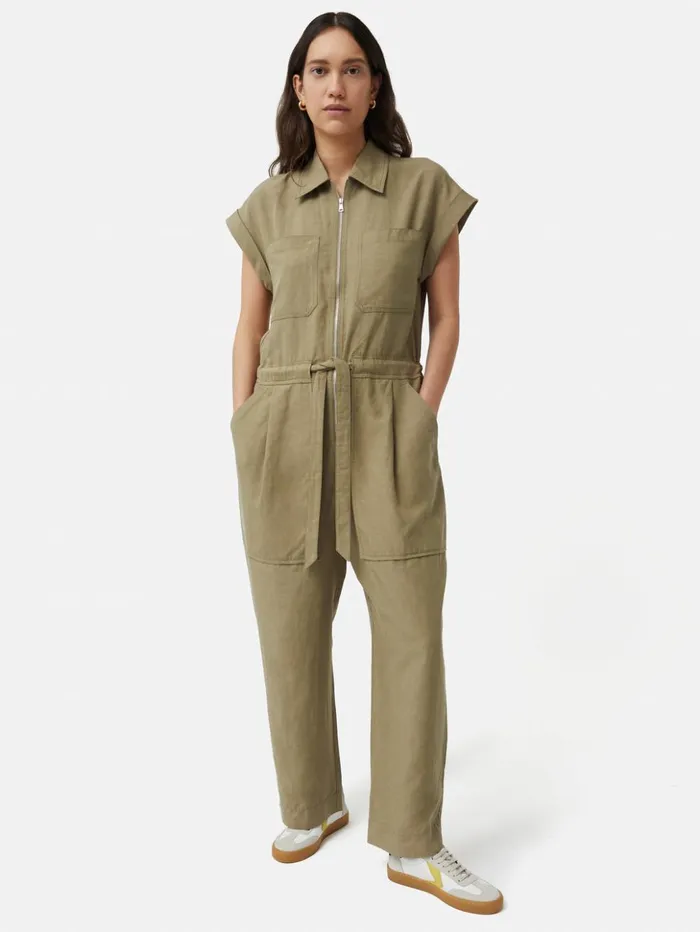 Jigsaw Linen Zip Front Jumpsuit Khaki Women Dresses and Jumpsuits