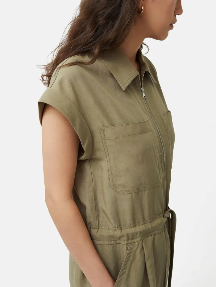 Jigsaw Linen Zip Front Jumpsuit Khaki Women Dresses and Jumpsuits
