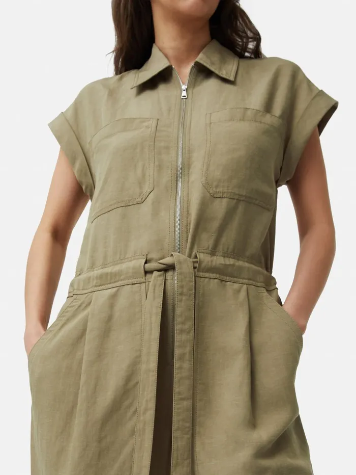 Jigsaw Linen Zip Front Jumpsuit Khaki Women Dresses and Jumpsuits