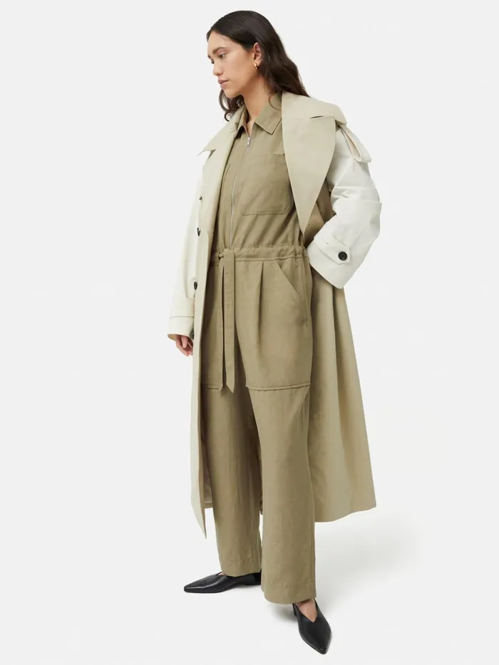 Jigsaw Linen Zip Front Jumpsuit Khaki Women Dresses and Jumpsuits