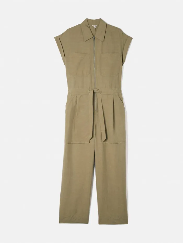 Jigsaw Linen Zip Front Jumpsuit Khaki Women Dresses and Jumpsuits