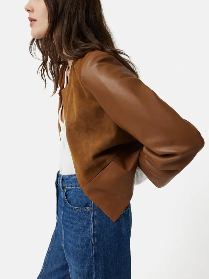 Jigsaw Nakoa Leather Mix Jacket Tan Women Coats and Jackets