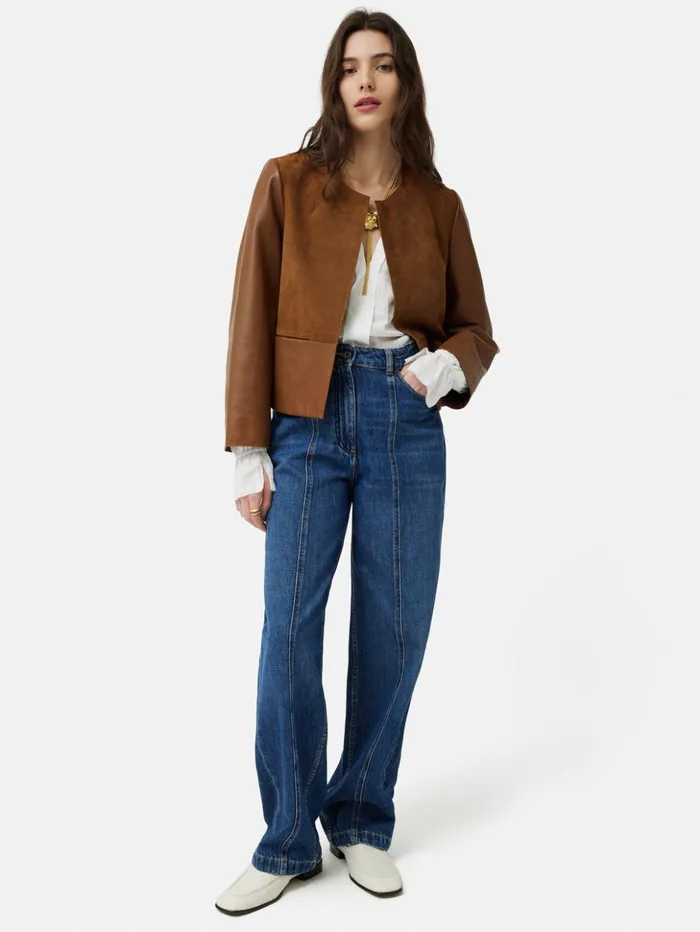Jigsaw Nakoa Leather Mix Jacket Tan Women Coats and Jackets