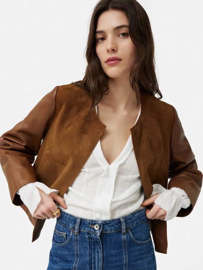 Jigsaw Nakoa Leather Mix Jacket Tan Women Coats and Jackets