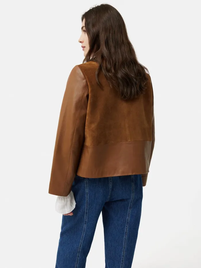 Jigsaw Nakoa Leather Mix Jacket Tan Women Coats and Jackets