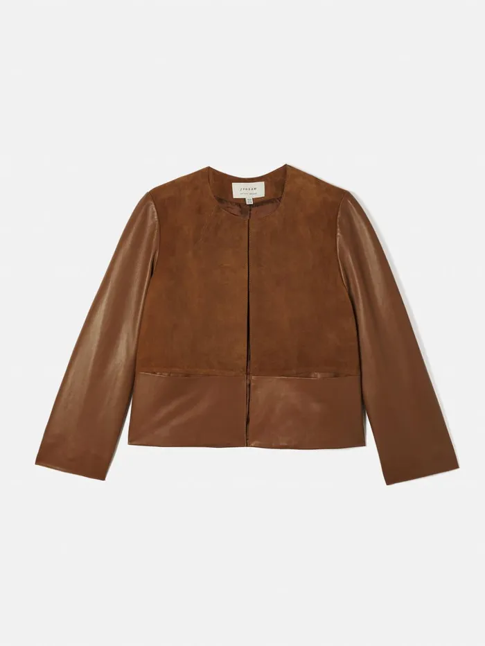 Jigsaw Nakoa Leather Mix Jacket Tan Women Coats and Jackets