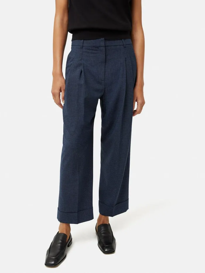 Jigsaw Pleated Crop Turn Up Trouser Navy Women Trousers