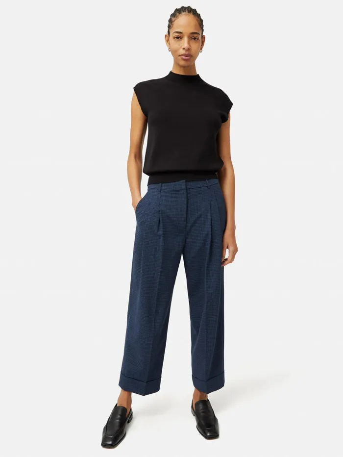 Jigsaw Pleated Crop Turn Up Trouser Navy Women Trousers