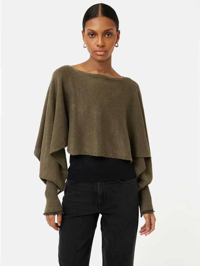Jigsaw Pure Linen Poncho Sweater Khaki Women Knitwear and Cashmere