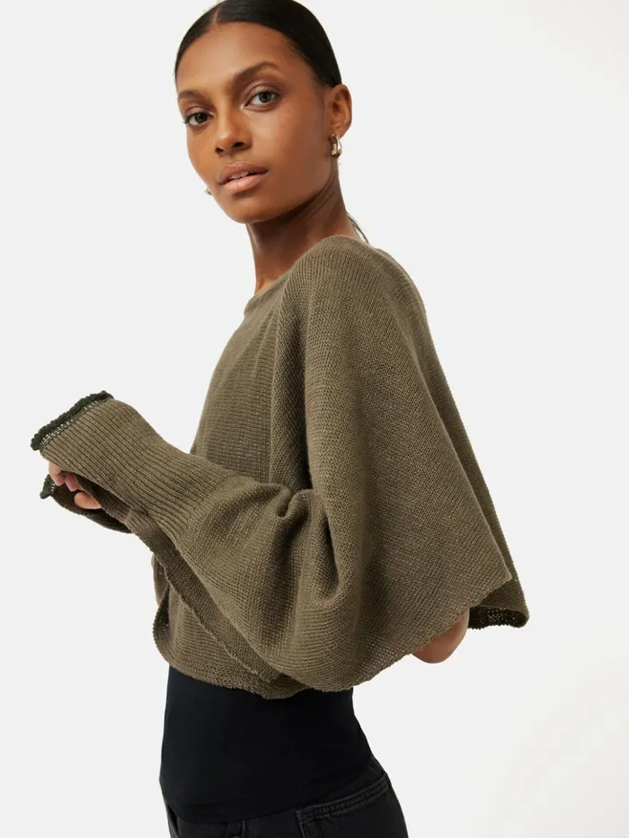 Jigsaw Pure Linen Poncho Sweater Khaki Women Knitwear and Cashmere
