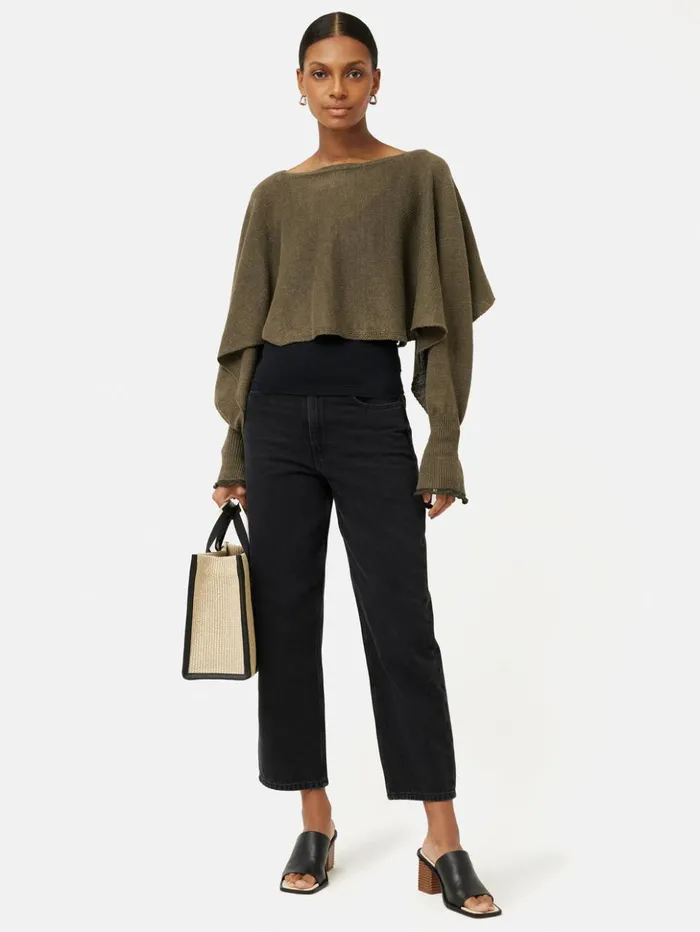 Jigsaw Pure Linen Poncho Sweater Khaki Women Ponchos and Scarves