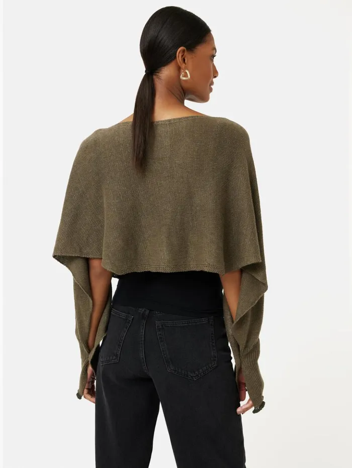 Jigsaw Pure Linen Poncho Sweater Khaki Women Ponchos and Scarves