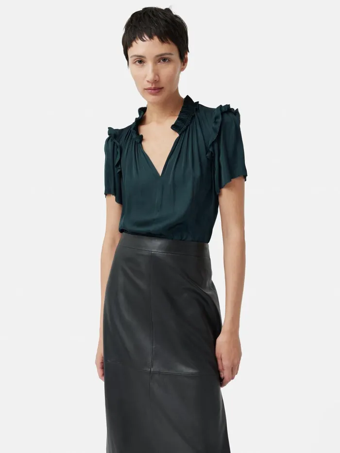 Jigsaw Recycled Satin Ruffle Top Blue Women Shirts and Tops