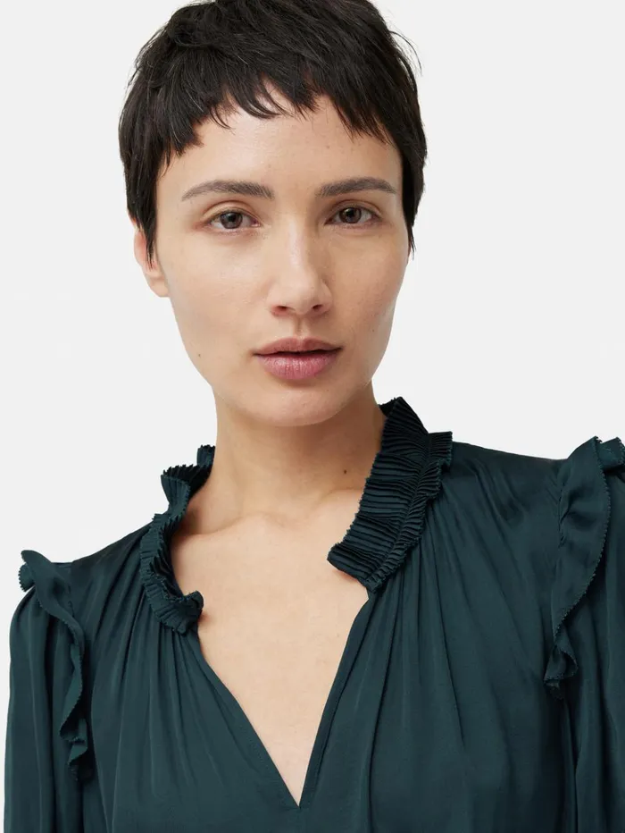 Jigsaw Recycled Satin Ruffle Top Blue Women Shirts and Tops