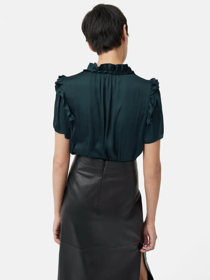 Jigsaw Recycled Satin Ruffle Top Blue Women Shirts and Tops
