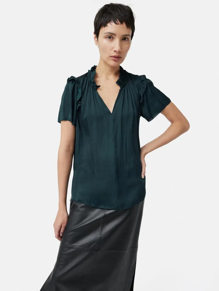 Jigsaw Recycled Satin Ruffle Top Blue Women Shirts and Tops