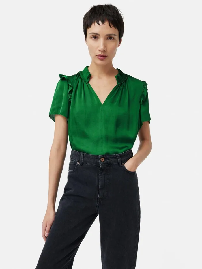 Jigsaw Recycled Satin Ruffle Top Green Women Shirts and Tops