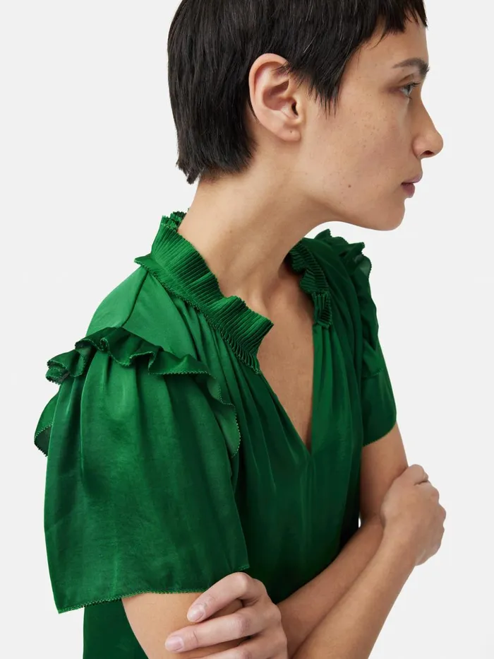 Jigsaw Recycled Satin Ruffle Top Green Women Shirts and Tops