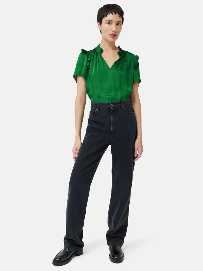 Jigsaw Recycled Satin Ruffle Top Green Women Shirts and Tops